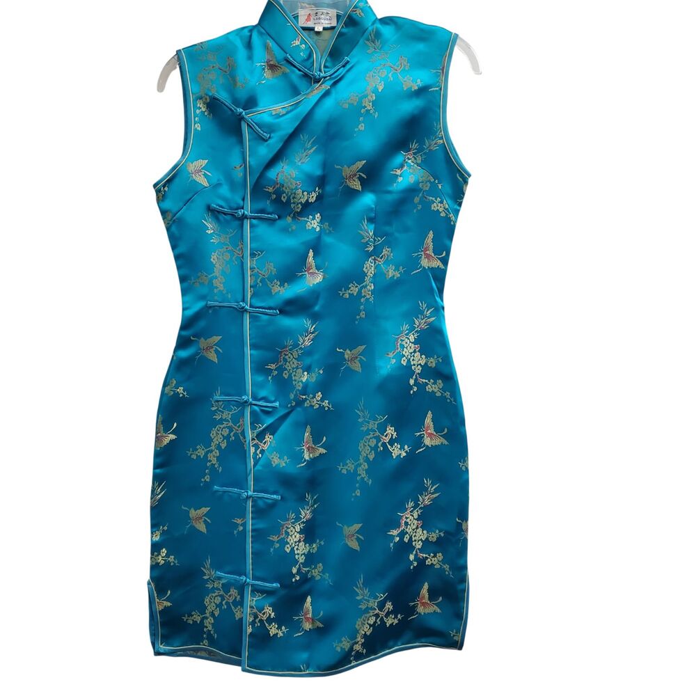 Vtg. Laogudai Turquoise Blue Sleeveless Cheongsam US Size S Floral Embroidery